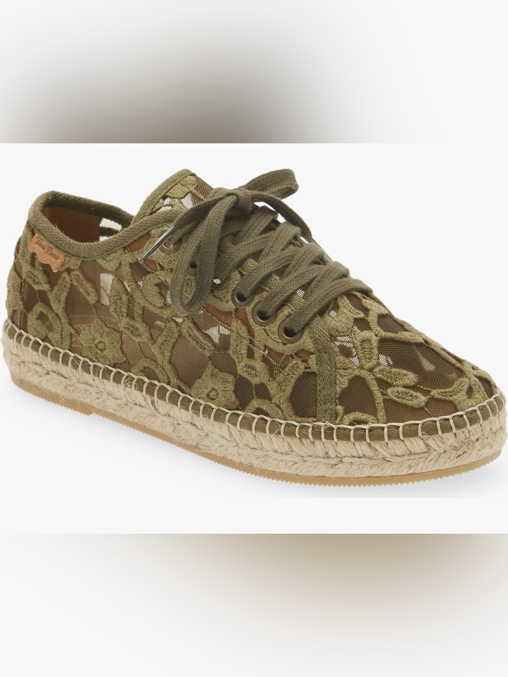 Toni Pons Olive Far Espadrille Sneaker Size 8.5 Crochet Lace Up Sheer Mesh
